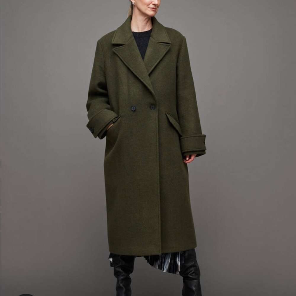 All Saints Mabel Oversized Coat with Double-Breasted Design olive green